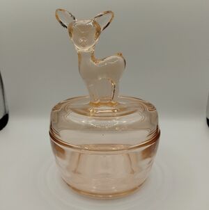 Vintage Elegant Pink Depression Glass Trinket Box with Deer Lid
